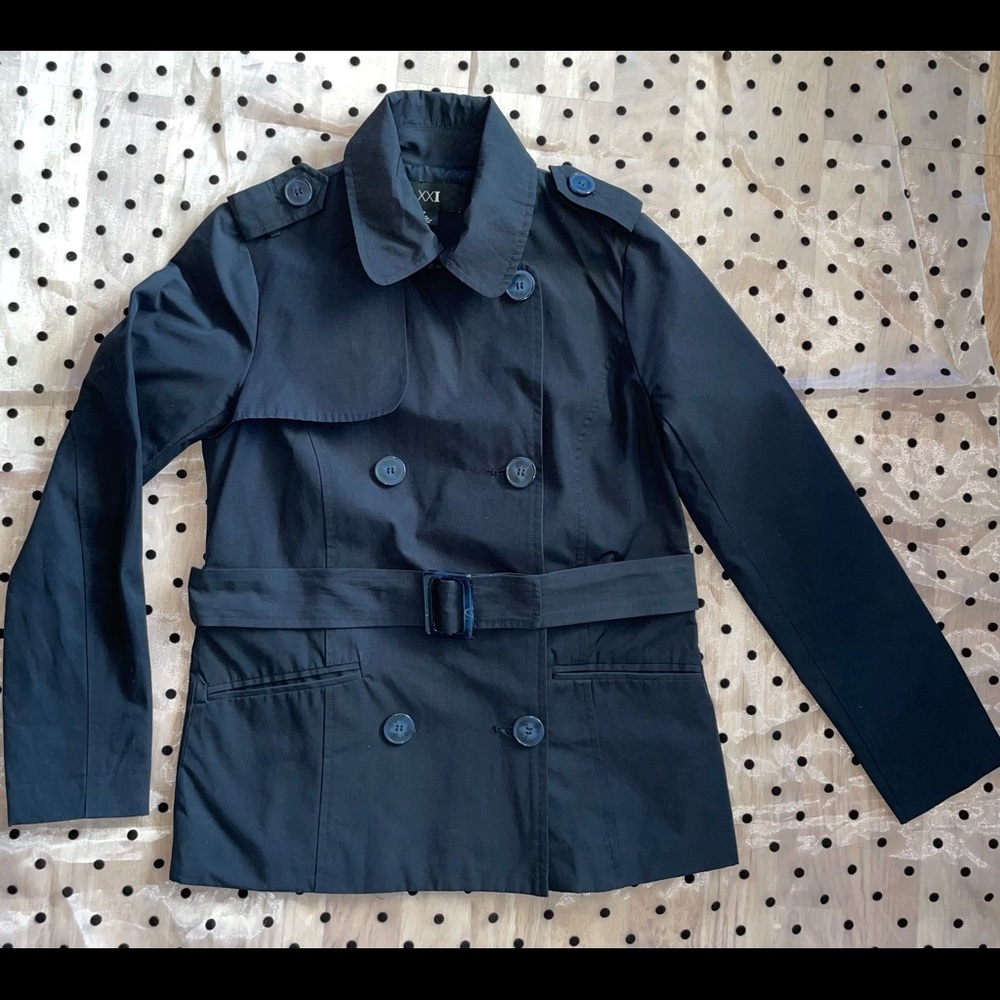 XXI BRAND LIGHTWEIGHT DOUBLE BREASTED BELTED SHORT TRENCH COAT NAVY BLUE SZ S/P